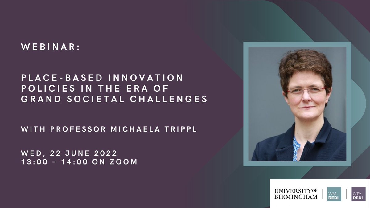 CityREDI's tweet photo. Join City-REDI for a Webinar:

Place-Based Innovation Policies in the Era of Grand Societal Challenges

With @Michaela_Trippl, @univienna

Wed, 22 Jun 2022, 13:00-14:00 on Zoom

https://t.co/JPChPL6xJq https://t.co/R9SzUCI3rb