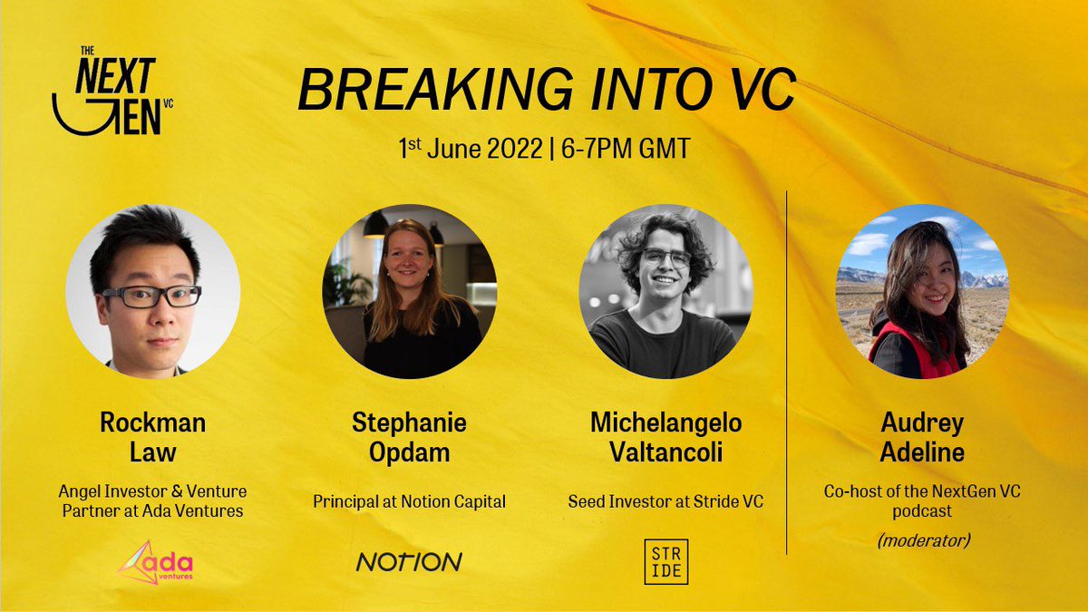 adaventures's tweet photo. Want to learn more about breaking into VC?

Join our incredible Venture Partner @RockmanLaw, alongside investors from @stride_vc &amp; @NotionCapital for an event hosted by @nextgenvcpod.

Sign up 👇

https://t.co/MST1MvbejG https://t.co/NDWk92xfFC