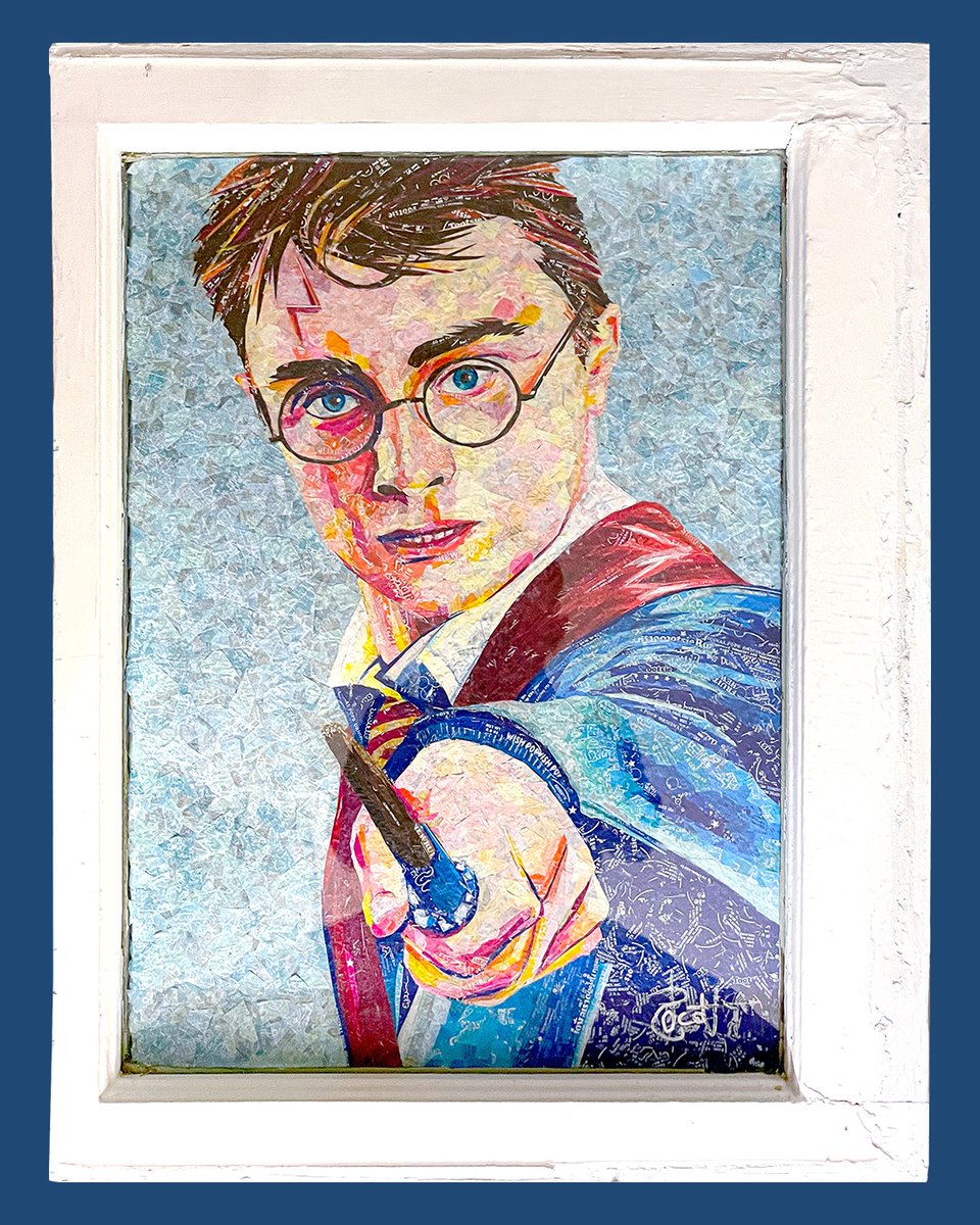popwrapart's tweet photo. #harrypotter is complete! "Fearless by Choice" 18" x 24" in a reclaimed windowpane frame. Harry Potter, made with #candywrappers. @HarryPotterFilm #fortworth #texas #artist #popart #FanArtFriday https://t.co/3iDqQwZLmM