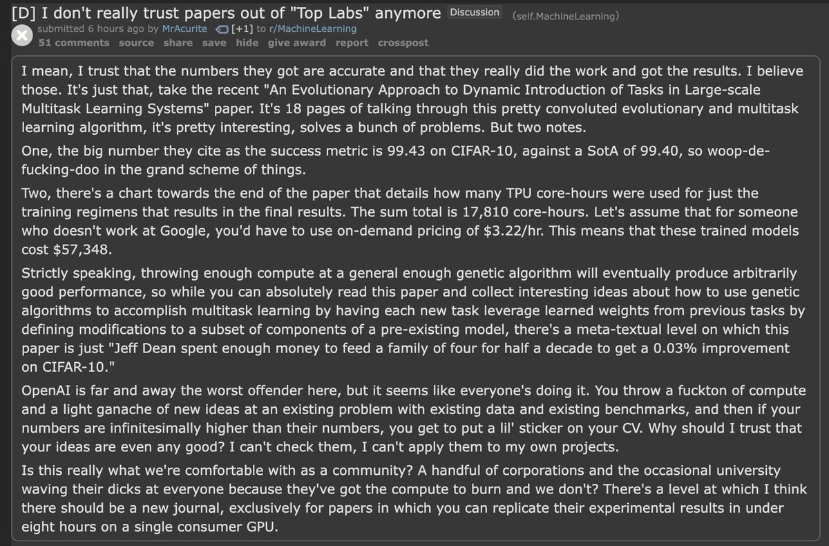 'I don't really trust papers out of "Top Labs" anymore' 

reddit.com/r/MachineLearn…