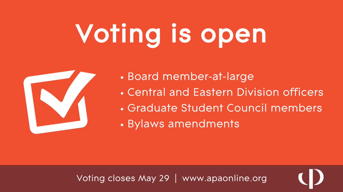 American Philosophical Association (@apaphilosophy) on Twitter photo Reminder: The deadline for voting in the APA elections is Sunday, May 29. Vote now! apaonline.org/news/606792/AP… <a href="/APA_Central/">APA Central Division</a> <a href="/APAEastern/">APA Eastern Division</a> <a href="/APA_Pacific/">APA Pacific Division</a> <a href="/apa_gsc/">Graduate Student Council of the APA</a> Reminder: The deadline for voting in the APA elections is Sunday, May 29. Vote now! apaonline.org/news/606792/AP… <a href="/APA_Central/">APA Central Division</a> <a href="/APAEastern/">APA Eastern Division</a> <a href="/APA_Pacific/">APA Pacific Division</a> <a href="/apa_gsc/">Graduate Student Council of the APA</a>