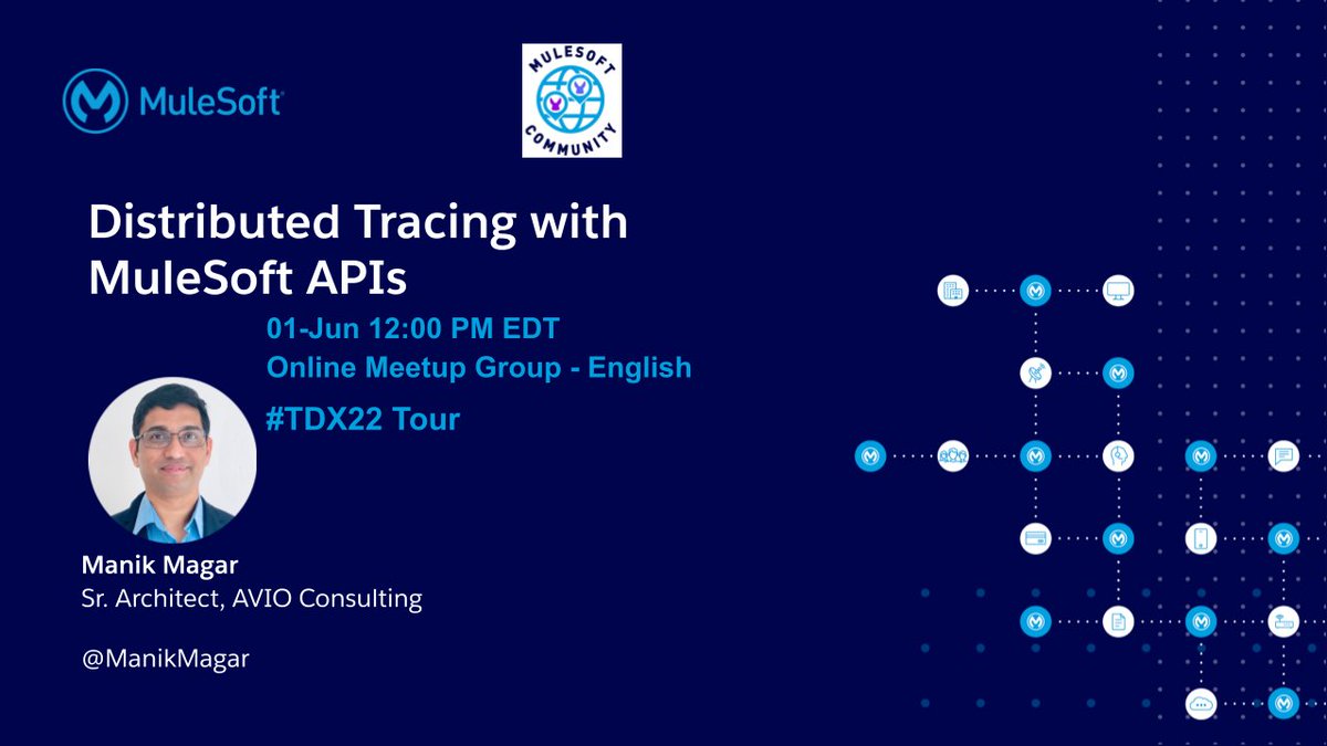 Did you miss attending #TDX22? <a href="/MuleDev/">MuleSoft Community</a> is organizing #TDX22 Tour to host Community featured sessions at various meetup groups.
Excited to present my TDX22 session at the <a href="/VirtualMuleys/">Virtual Muleys</a>. #RSVP here - meetups.mulesoft.com/events/details…

<a href="/MuleSoft/">MuleSoft</a> <a href="/avioconsulting/">AVIO Consulting</a> <a href="/opentelemetry/">OpenTelemetry</a> #observability