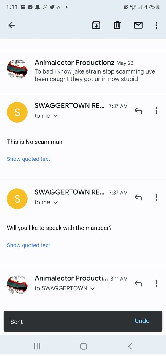 Animalector1's tweet photo. @JakeStrain  @yerlabel  @SwaggertownRoad  ,,, they still at it homie , steady tryna get me to send money I don't even got lmfao they need to find something else to do besides scam and pretend  to be  on the #1TEAM https://t.co/fuLXzvVWh7