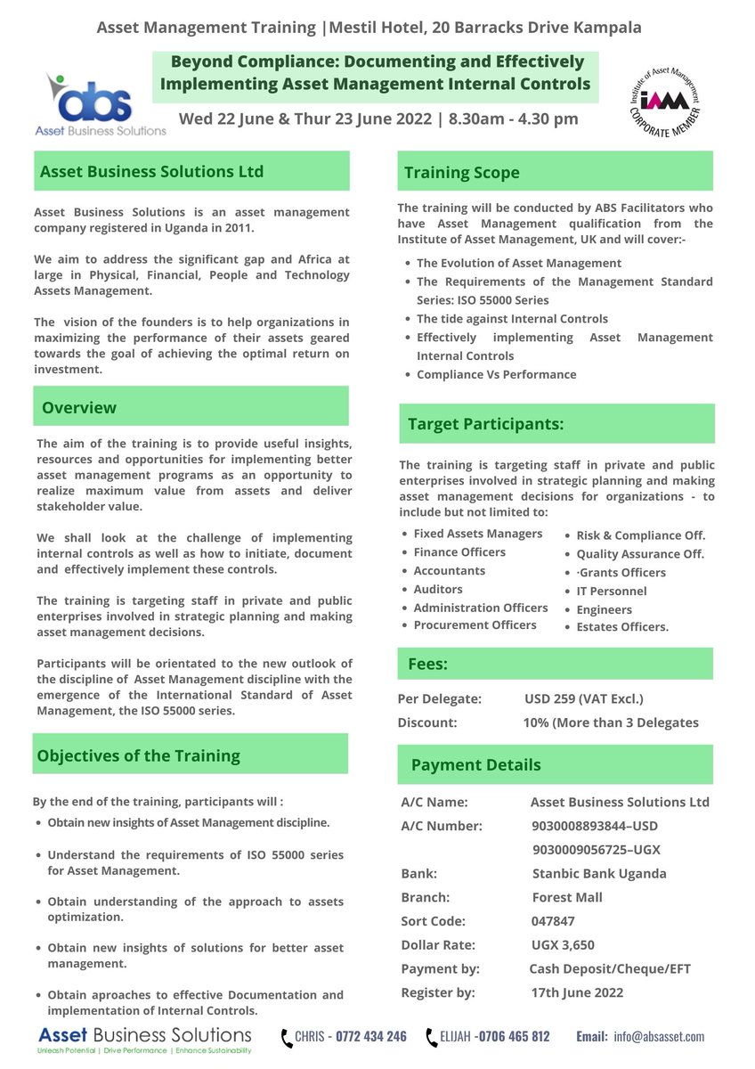 absassetltd's tweet photo. Asset Business Solutions is pleased to invite you to participate in an Asset Management training titled:

Beyond Compliance – Documenting and Effectively Implementing Asset Management Internal Controls at Mestil Hotel, Kampala on 22-23 June 2022. https://t.co/jQl82DuUeP