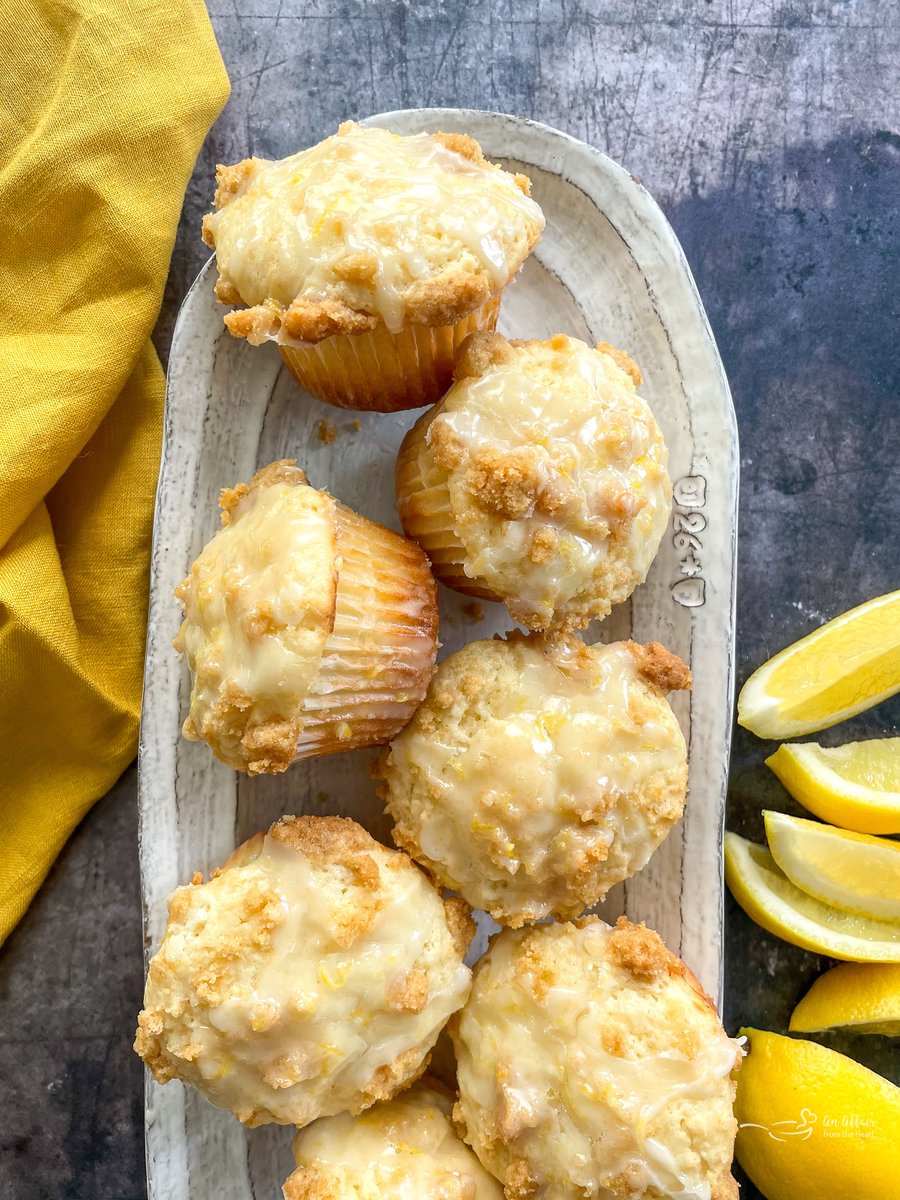 Fluffy and moist bakery-style LEMON MUFFINS with a wonderful streusel crumb topping, baked golden brown, and glazed with a sweet-tart lemon glaze. Mmm! #LemonWeek #sponsored <a href="/RodelleV/">Rodelle Vanilla</a>  anaffairfromtheheart.com/lemon-crumb-mu…
