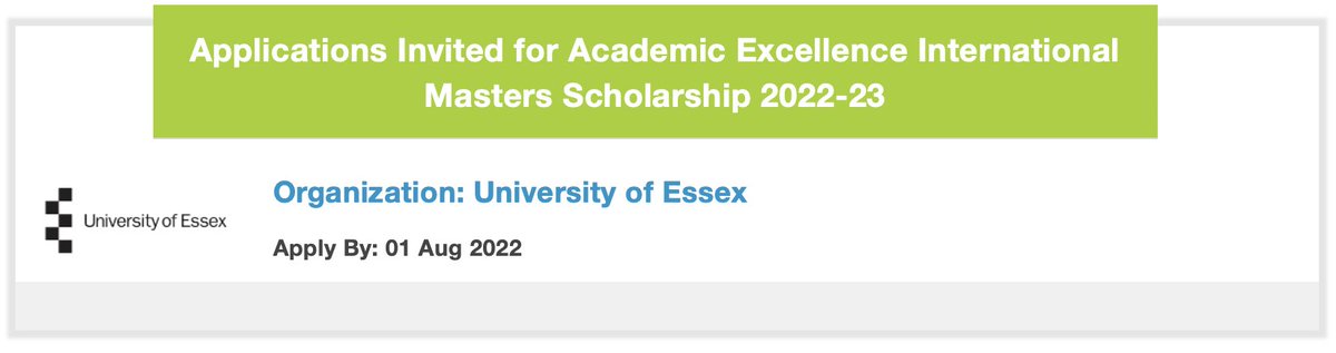 University of Essex is inviting applications for Academic Excellence International Masters Scholarship 2022-23. These scholarships may be awarded to students who have completed relevant university degree
Deadline- 01 August 2022
Apply: bit.ly/3z2Zwl4
#fellowships