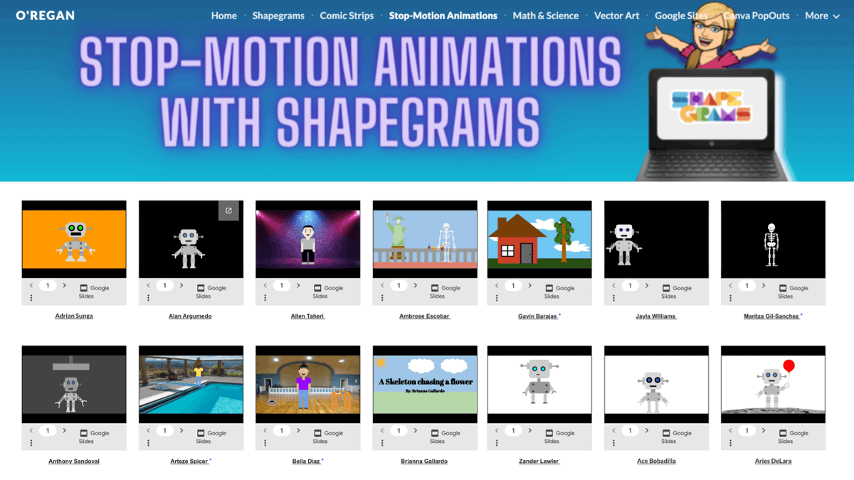tonyvincent's tweet photo. 🤩 I cannot get over how creative these stop motion animations are!
@OReganMaria's middle schoolers animated their @Shapegrams drawings in #GoogleSlides frame-by-frame.
Click a student's name to see their animation. https://t.co/07MXwBhESu https://t.co/pf8QJ2YF6i