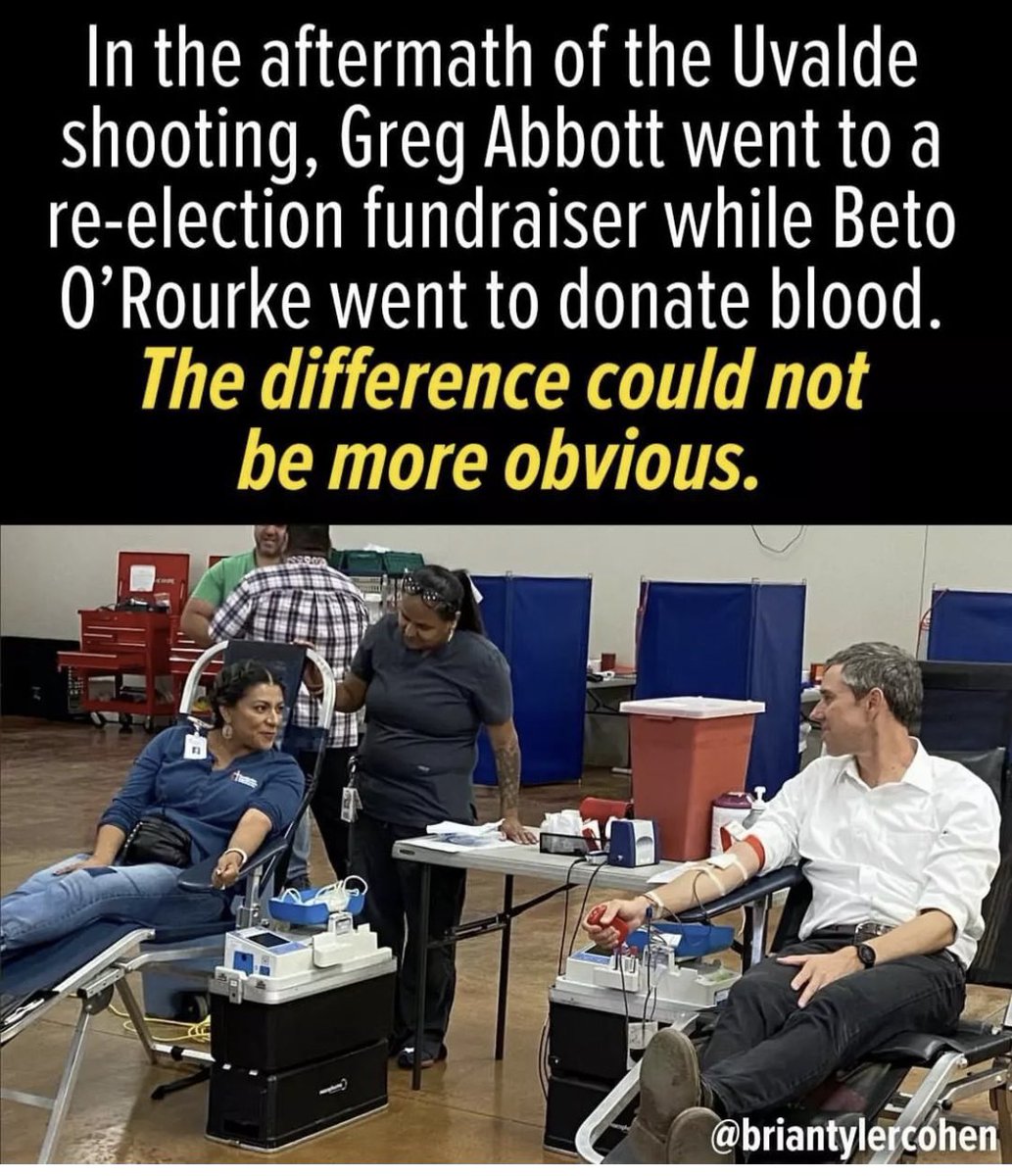 bwoll1219's tweet photo. @GovAbbott While Greg Abbott was out fundraising for his reelection, @BetoORourke was donating blood. https://t.co/VacKEf9x9F