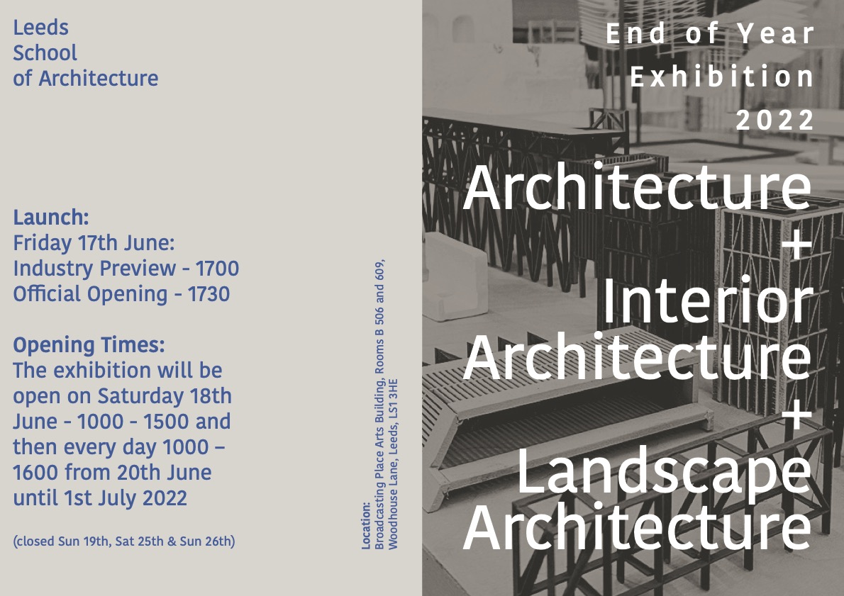 Landscape@Leeds (@landscapelbu) on Twitter photo Leeds School of Architecture: End of Year Show.
We are delighted to invite you to the Opening Night of our annual End of Year Show where our students will showcase their projects 2021-22.
<a href="/LBU_LSA/">Leeds School of Arts</a> <a href="/talklandscape/">Landscape Institute</a> <a href="/landscapecareer/">#ChooseLandscape</a> Leeds School of Architecture: End of Year Show.
We are delighted to invite you to the Opening Night of our annual End of Year Show where our students will showcase their projects 2021-22.
<a href="/LBU_LSA/">Leeds School of Arts</a> <a href="/talklandscape/">Landscape Institute</a> <a href="/landscapecareer/">#ChooseLandscape</a>