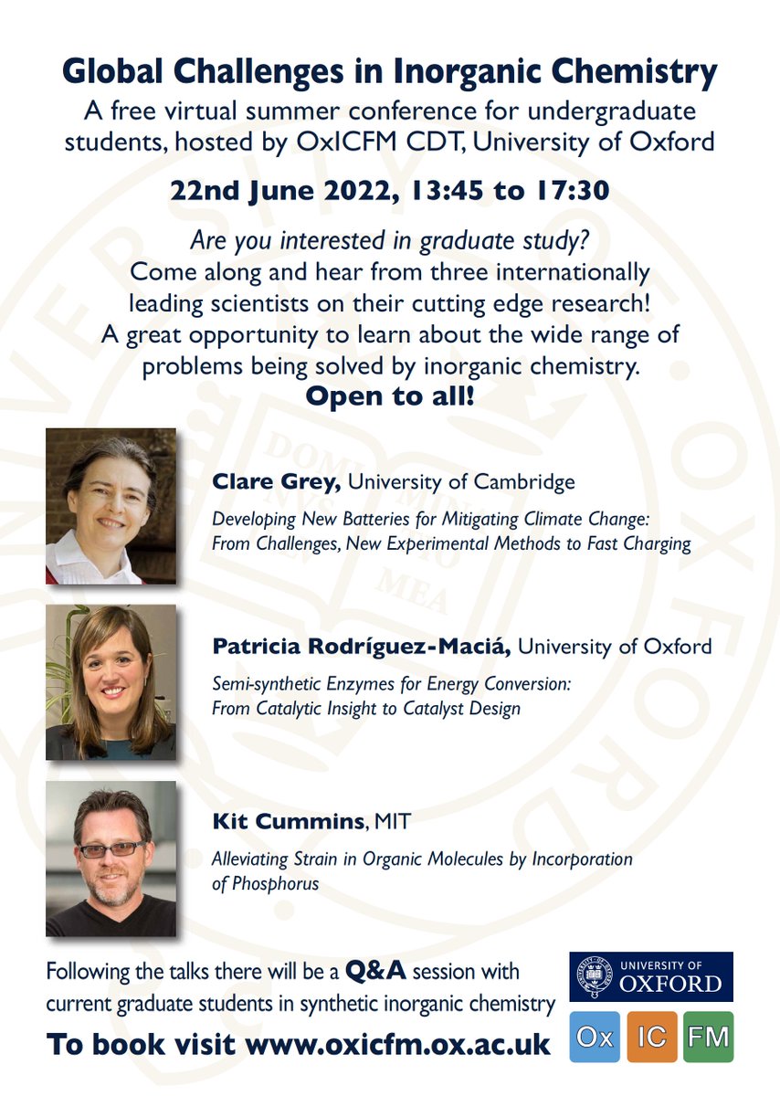 Interested in #graduatestudy? Join our free virtual conference for undergrad students and hear about cutting edge research from three leading scientists! Register here: …ic-chemistry-tickets.eventbrite.co.uk
#InorganicChemistry #RealTimeChem #WomenInChemistry #WomenInSTEM  #BlackAndSTEM
