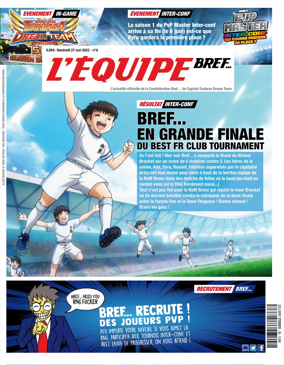 BrefCtdt's tweet photo. #CaptainTsubasaDreamTeam le BEST FR CLUB TOURNAMENT arrive sur la fin et notre équipe se qualifie pour la grande finale !!! 
Merci à nos joueurs @___Ada_____ @Artza__ @Fabinho0304 @Tchang974ryoma @bydyru et Rounet. On espère vaincre et être sacrer CHAMPION !! 😍😍🤞🏽🤞🏽💪🏽💪🏽 https://t.co/ECPc2nxGB5
