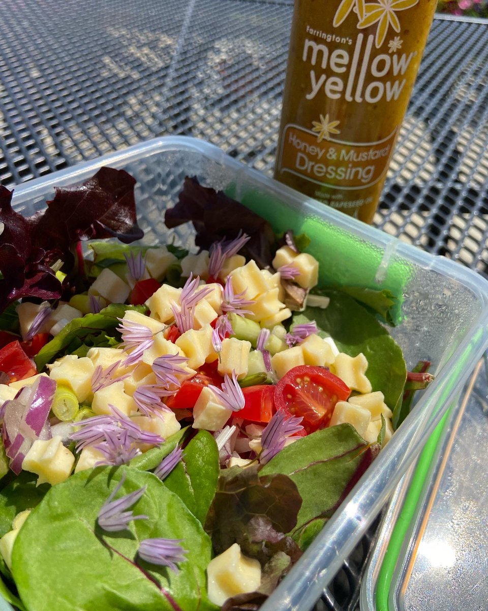 Freycob's tweet photo. Working from home today, so I’m soaking up vitamin D eating my lunch in the garden.
I made up a salad last night, I’ve just sprinkled freshly picked #ChiveFlowers onto it & have drizzled it in @RapeseedOilFans #HoneyAndMustard dressing.
#Delicious #Healthy #tasty https://t.co/G57tJl8Ae8