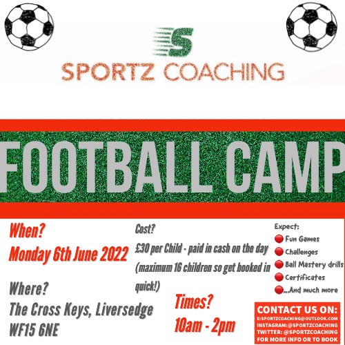 SportzCoaching's tweet photo. Our first of many camps has officially launched! 🤩 

Contact us to find out more or book onto the camp!

*There is a limited availability so be sure to get booked on quick to avoid disappointment ⚽️ https://t.co/G6A2eutzBV