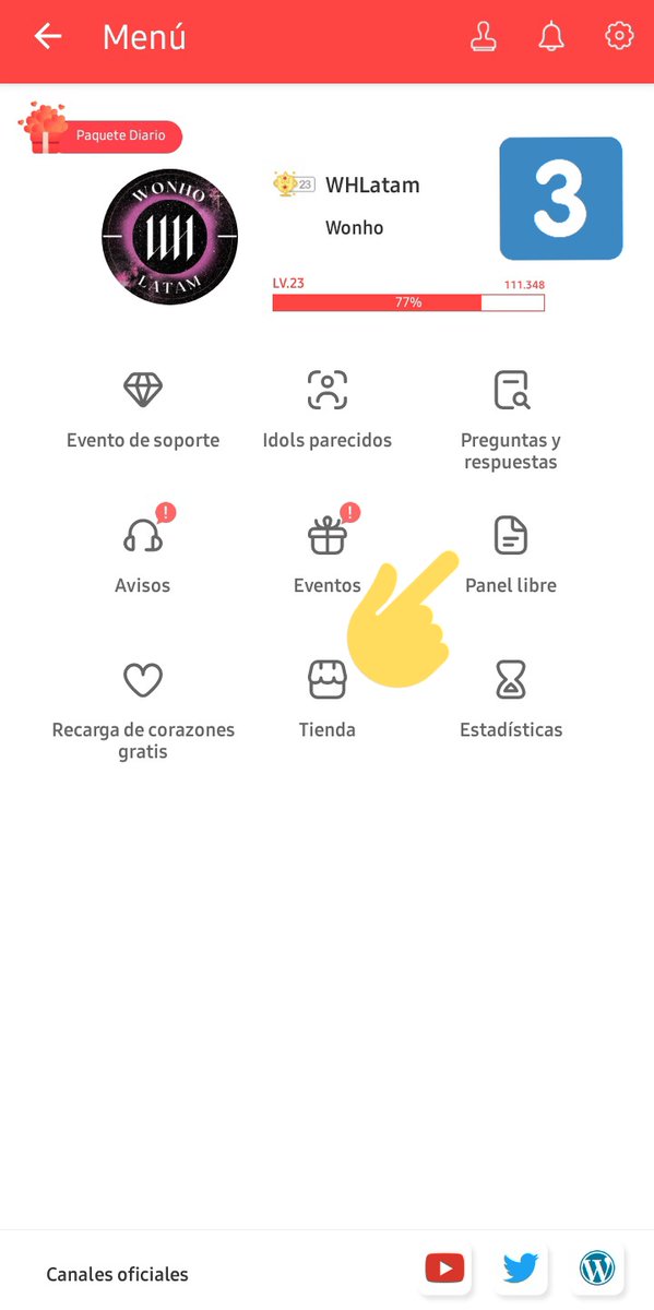 WHLATAM's tweet photo. Días. Si quizá te olvidaste marcar asistencia un día, empiezas de nuevo.
Toma una captura de tu asistencia y lo publicas en el "panel libre"

3) ir a Menú, y dónde click donde marca el dedito.
4) Dentro del panel, sube tu captura con el Hashtag #StampGotcha.

#WONHO #원호 https://t.co/ShR2aNEgEF