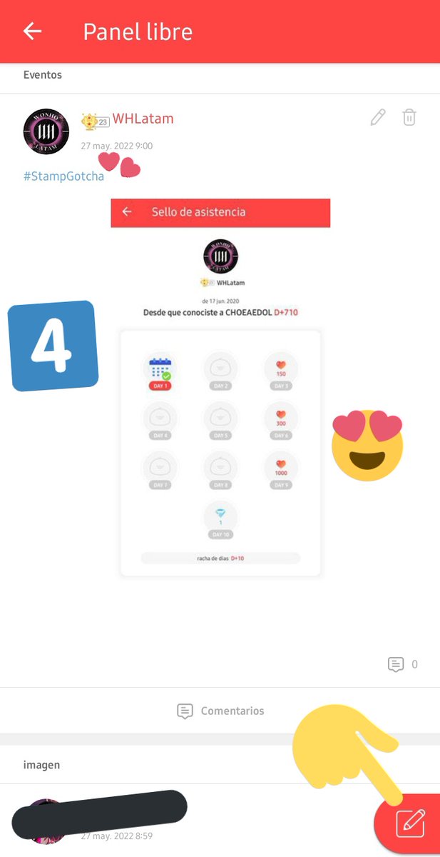 WHLATAM's tweet photo. Días. Si quizá te olvidaste marcar asistencia un día, empiezas de nuevo.
Toma una captura de tu asistencia y lo publicas en el "panel libre"

3) ir a Menú, y dónde click donde marca el dedito.
4) Dentro del panel, sube tu captura con el Hashtag #StampGotcha.

#WONHO #원호 https://t.co/ShR2aNEgEF
