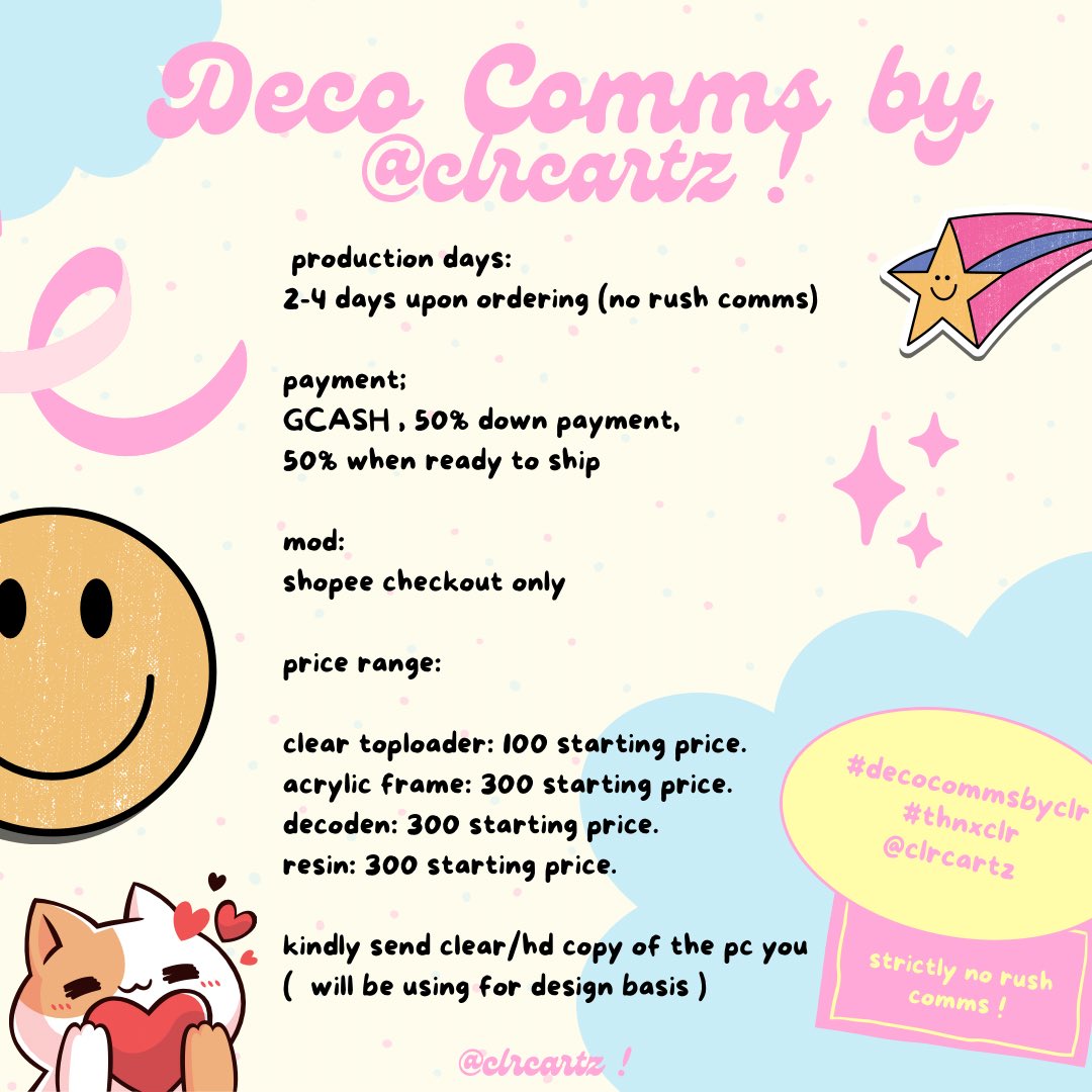 ; wts lfb ph 

🍓╰╮𖦹 ̣ ˖  deco comms by claire. 

┊͙deco commision details ~ 

💌 : gcash , 50% down payment, 50% when ready to ship. 
👒 : shopee checkout only.
🗯 : strictly no rush comms ! 

# toploader decorated toploaders commissions custom ultrapro acrylic decoden resin