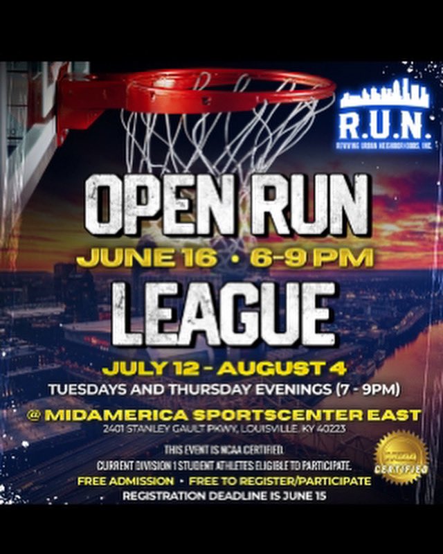 🏀🔥 Open Run for the League is being held at Midamercia Sports (2401 Stanley Gault Parkway, Louisville KY) from 6pm-9pm! Registration Deadline is June 15th! ⛹🏽‍♂️

🔵 R.U.N. League is <a href="/NCAA/">NCAA</a> certified • Current Division 1 players are eligible to compete • 100% Free to Participate