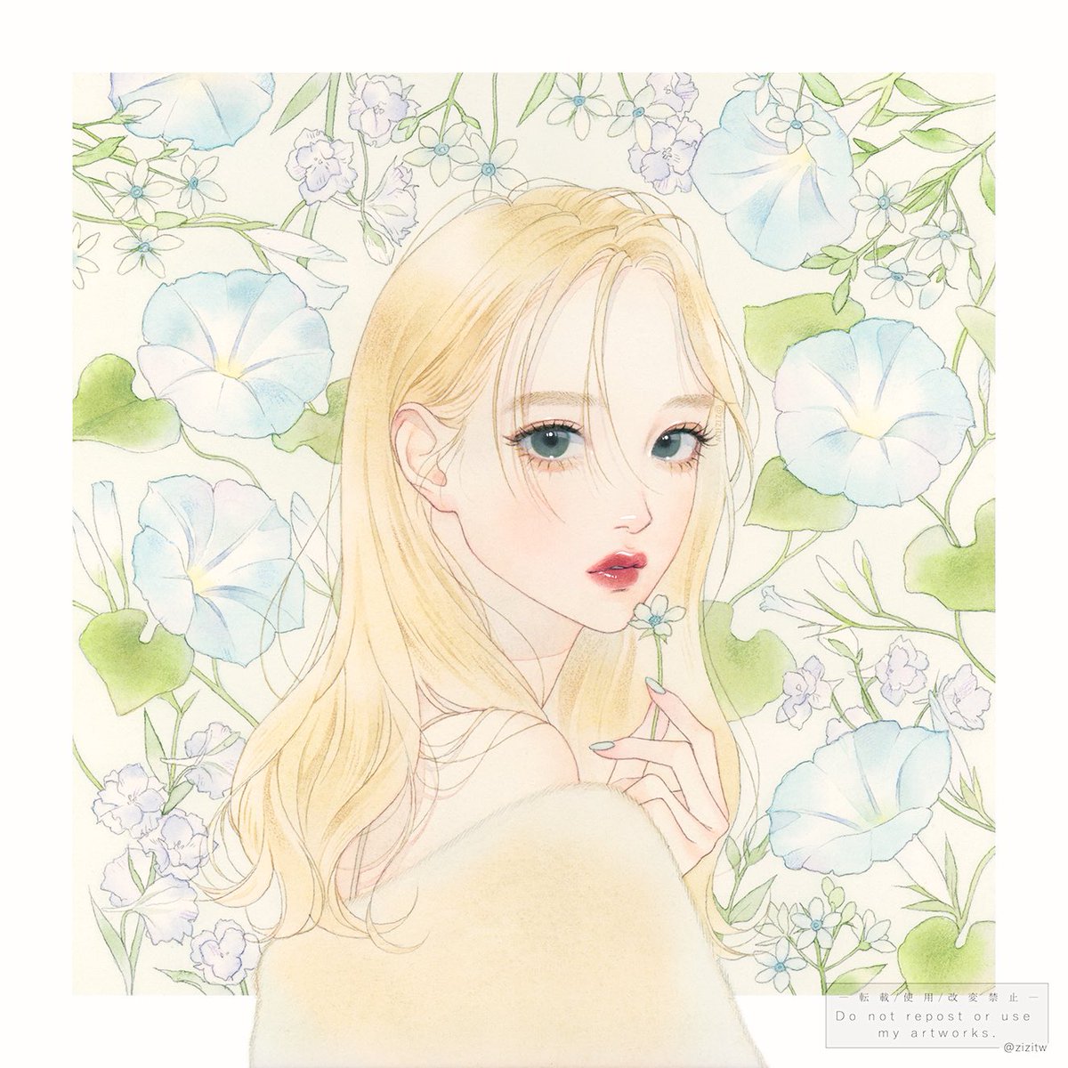 1girl flower solo blonde hair blue flower looking at viewer long hair  illustration images