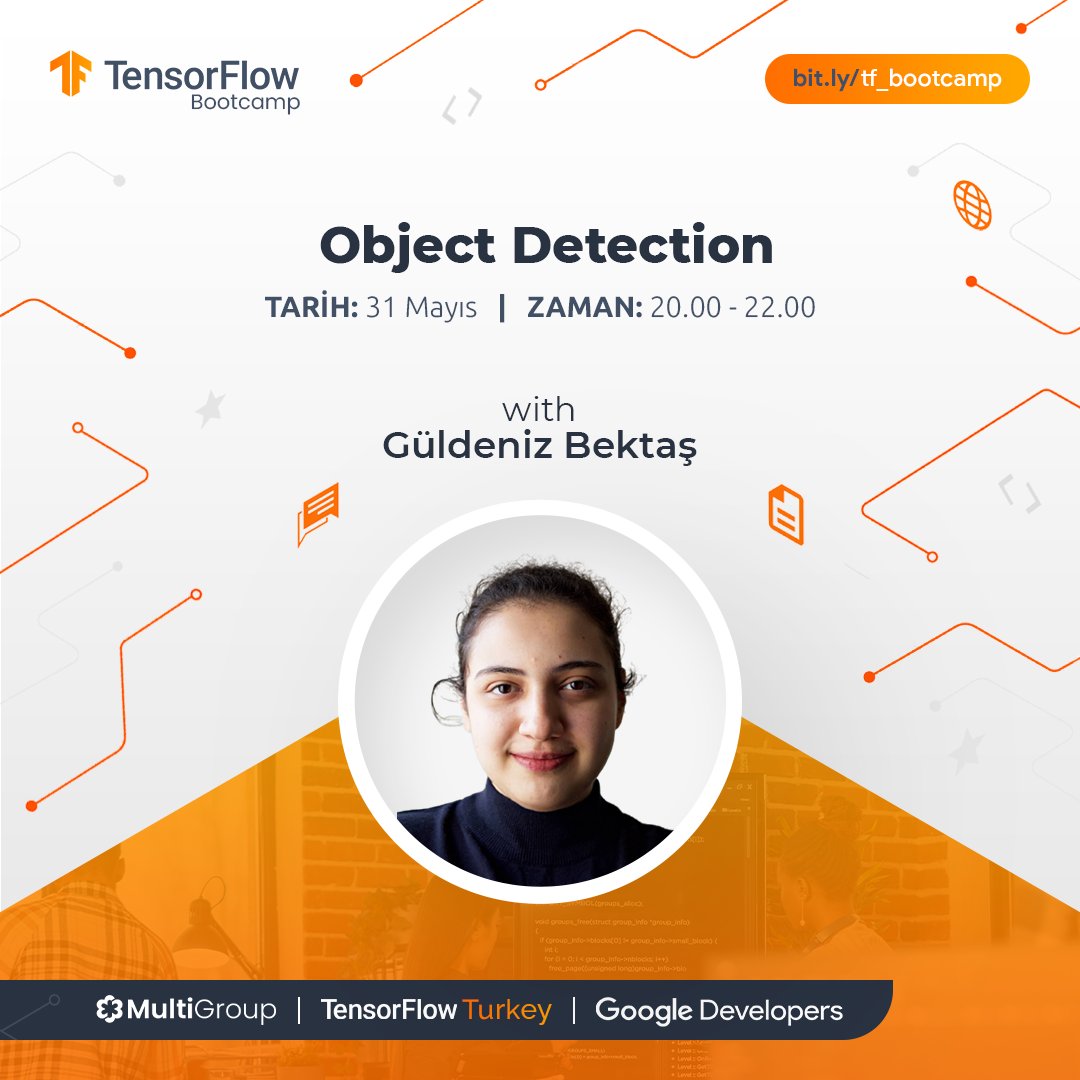 TensorFlowTurk's tweet image. TensorFlow Bootcamp’in sıradaki konuşmacısı Güldeniz Bektaş! 🎉

Object Detection with Yolo konulu eğitimi ile 31 Mayıs Salı, saat 20:00’da bizlerle olacak. 💙 

Hatırlatıcınızı kurmayı unutmayın ⏰

🔗 youtube.com/watch?v=il5odP…
Görüşmek üzere! ✨ 

#TensorFlow #TensorFlowBootcamp