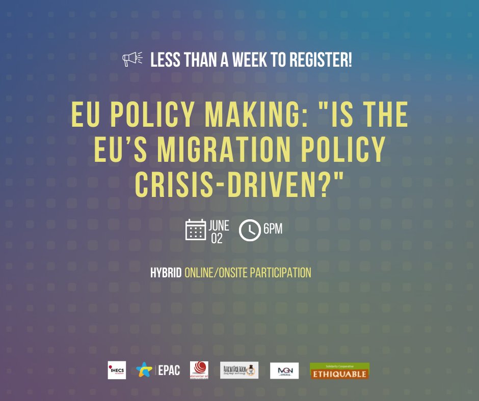 We are glad to collaborate with <a href="/CitizensforEu/">Citizens for Europe</a> for the seminar on " Is the EU's Migration Policy Crisis-Driven'. 
📢2 June at 18: 00 CET
Venue🚩Brussels (IHECS, Velge Auditorium) and online
Registration⌨️ lnkd.in/gzE7rKEd #WithRefugees #MigrationInFocus