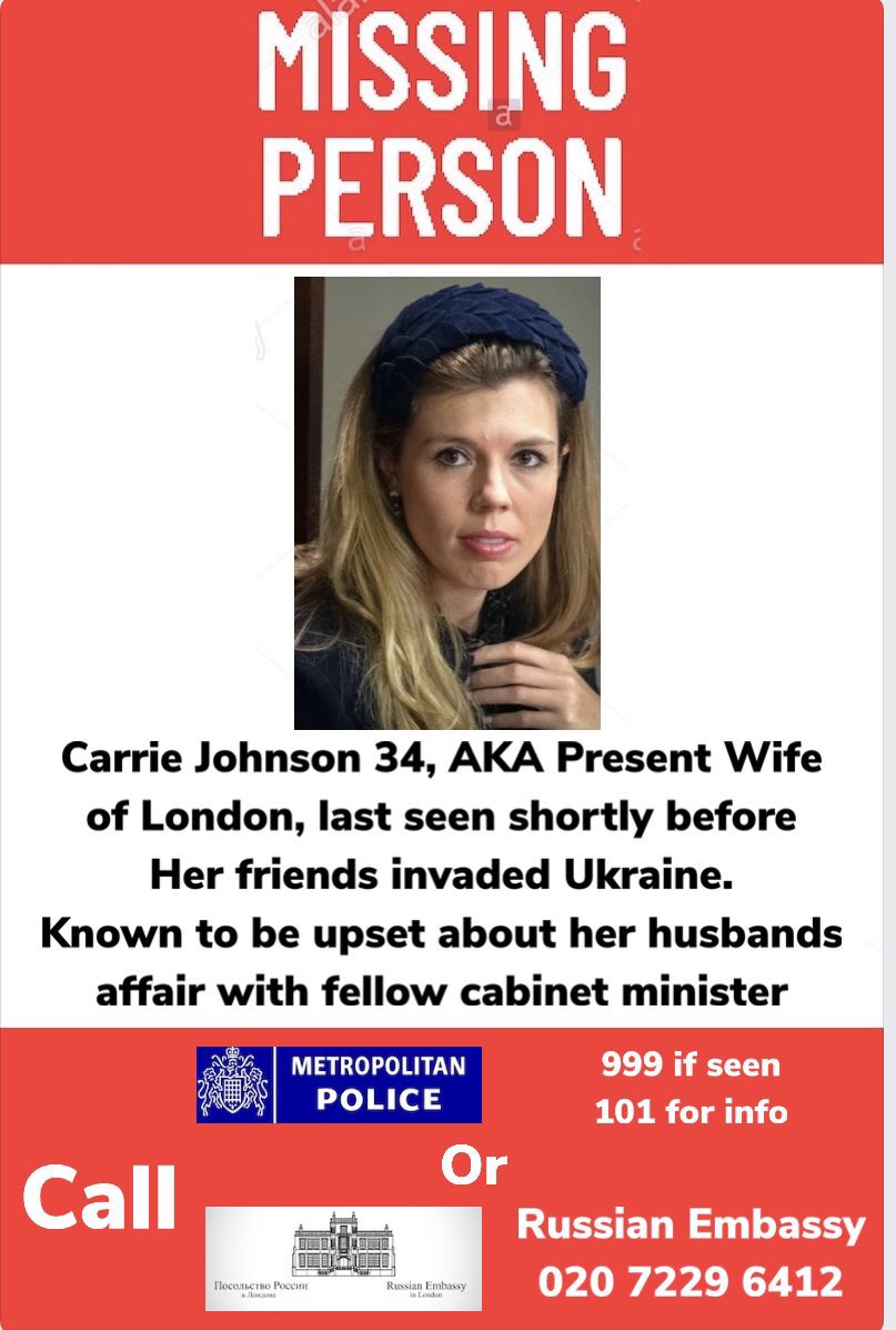 LordN33lson's tweet photo. @matt_saunders_ @haveigotnews Has she been recalled to the Black Widow academy in Russia to receive new orders?
#wherescarrie
#WheresCarrieJohnson
#Konservatives https://t.co/AV64xW6w2I