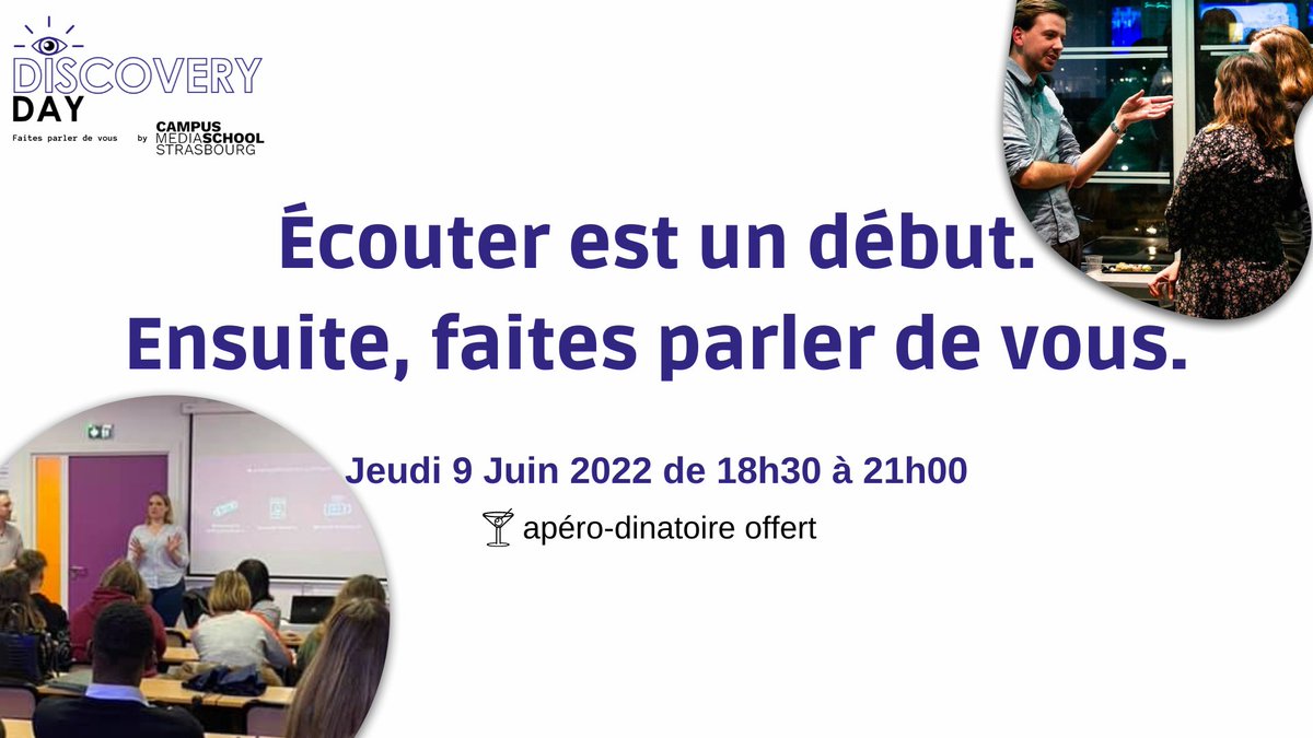 Vous l’aviez réclamé ? Il est là ! L’événement de l’année pour rencontrer les professionnels du monde de la communication lors d’une soirée sur le campus se déroule le jeudi 9 juin ! 
Réservez votre place en vous inscrivant au Discovery Day 👉 my.weezevent.com/discovery-day