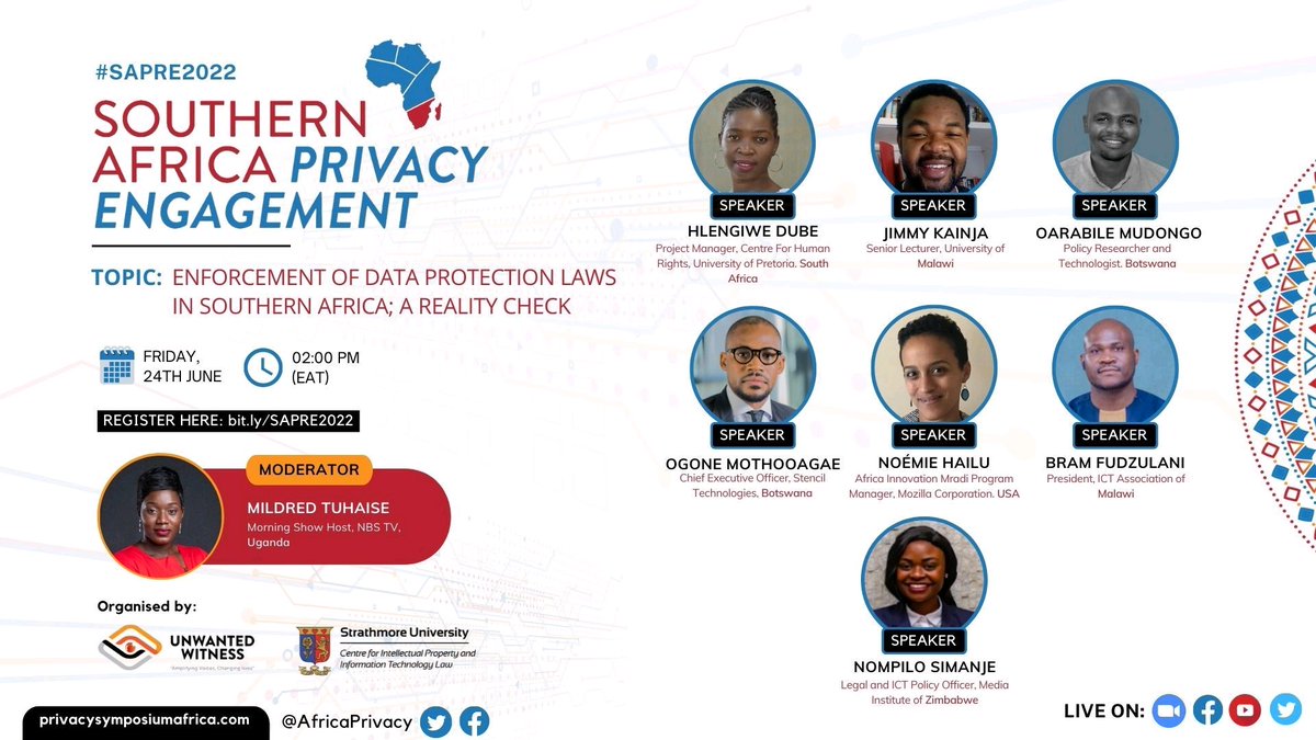 Enforcing data protection laws ⚖️ in Southern Africa: A reality check! 

Join me & colleagues @BramNE @nompilo_simanje
@hledubzz; @JKainja; @gossmotho; @noeme & Noémie at #SAPRE2022 

(@mildredtuhaise will be leading the discussion 🎉)

Grab your seat ↪️ bit.ly/SAPRE2022