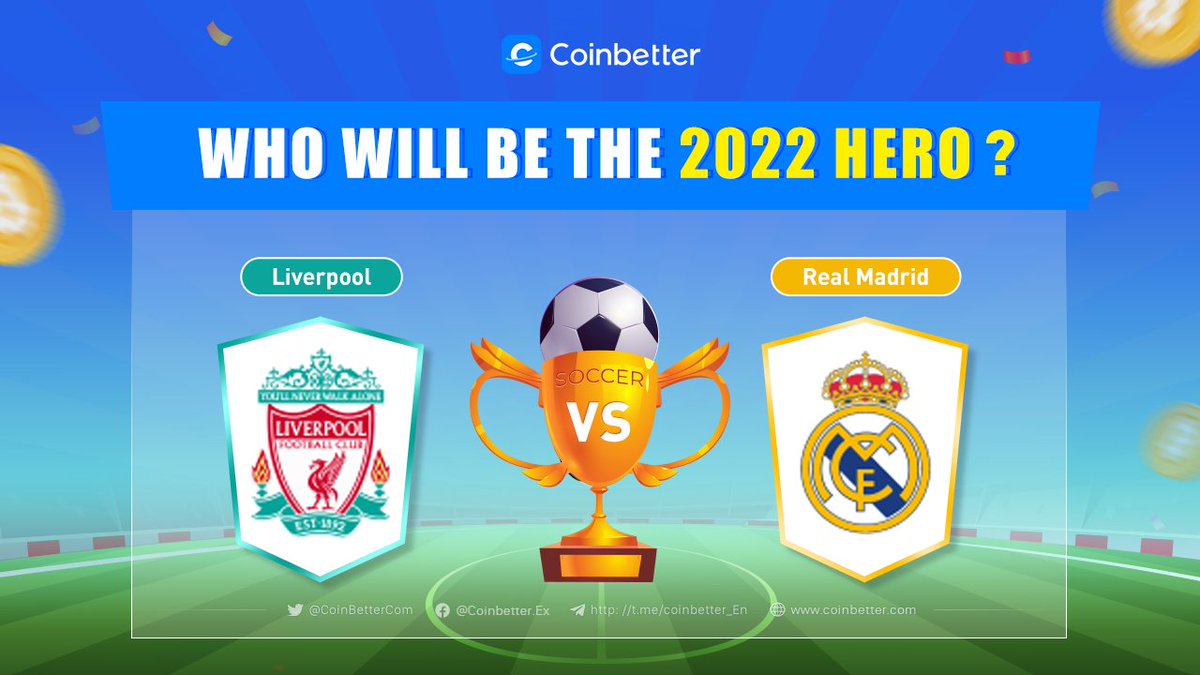 CoinBetterCom's tweet photo. 🏅Liverpool 🆚🏅Real Madrid

💥#UEFA Champions League final
🏆Who will be the 2022 hero?

⚽️Follow @CoinBetterCom
⚽️RT &amp; Like &amp; Tag 3
⚽️Guess the Champion

🔥10 users will share 50USDT
#UCLfinal #USDT #Cryptos #Liverpool #RealMadrid https://t.co/wrvjI9WeYP