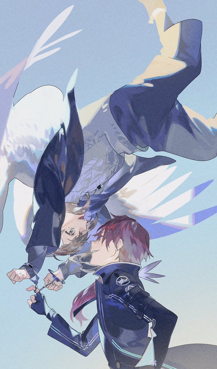 multiple boys 2boys red hair male focus gloves looking at another wings  illustration images