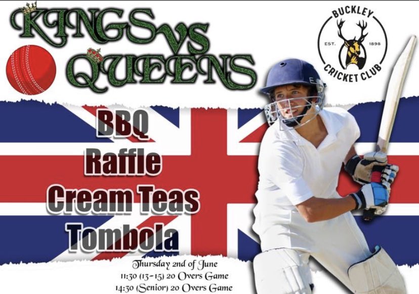 BuckleyCC's tweet photo. Our Jubilee Family Fun day is next Thursday please let your coach or Cpt know if you can play in the t20 games - prize for player with the best fancy dress ! We are also going to do a collection for the Ukraine on the day - pls bring items along on the day #friendswelcome https://t.co/HXQIhpcW32