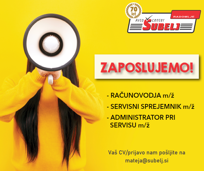⚠️V našem podjetju imamo odprta naslednja delovna mesta:
- računovodja m/ž
- servisni sprejemnik m/ž
     ℹ️ Info: bit.ly/3lJc1u7
- administrator pri servisu m/ž 
     ℹ️ Info: bit.ly/38Rko3U
⚠️Zainteresirani nam pošljite vaš CV na: mateja@subelj.si