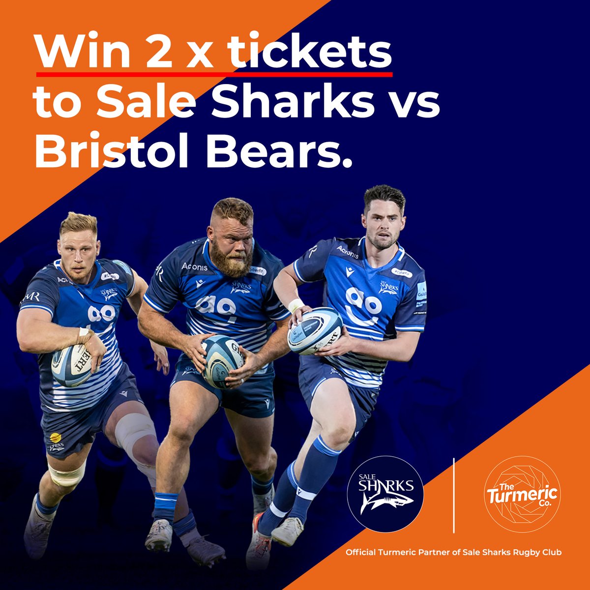 SaleSharksRugby's tweet photo. It's our last game of the season and we're celebrating with @TheTurmericCo! 🦈 

We're giving away 4 x pairs of tickets for Sharks v Bristol Bears Saturday 4th June! 🙌

🧡 RETWEET this post &amp; FOLLOW @TheTurmericCo to enter! 

🎟️ General Admission 18+ Mainland UK residents only. https://t.co/qWuNfdvIXi
