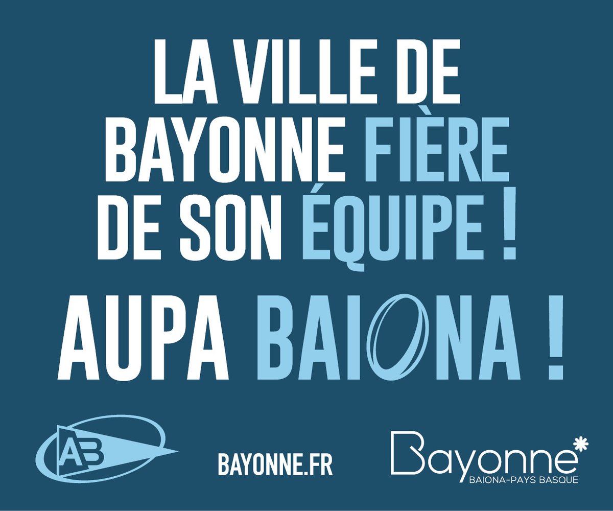Tous derrière l'<a href="/avironrugbypro/">Aviron Bayonnais</a> qui reçoit <a href="/OyonnaxRugby/">Oyonnax Rugby</a> en 1/2 finale de <a href="/rugbyprod2/">Rugby PRO D2</a> demain à 17h45 !🔵⚪

#BayonneMaVille a déployé une banderole au balcon de la mairie. Vous aussi portez les couleurs des Ciel&amp;Blanc pour les encourager💪

bit.ly/bayonnedemifin…
📷Iconsport