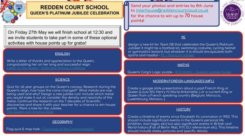 ReddenCourt's tweet photo. To celebrate the upcoming Queen's Platinum Jubilee, we are inviting our students to take part in these optional themed activities to gain up to 70 house points during our wellbeing afternoon! #BritishValues #BritishFun #BritishEverything
https://t.co/wL5F14wOSs https://t.co/9bAWYncEgI