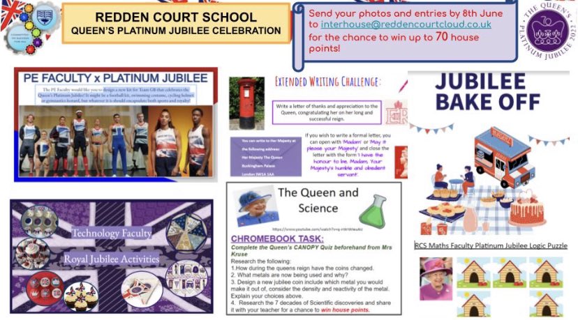 ReddenCourt's tweet photo. To celebrate the upcoming Queen's Platinum Jubilee, we are inviting our students to take part in these optional themed activities to gain up to 70 house points during our wellbeing afternoon! #BritishValues #BritishFun #BritishEverything
https://t.co/wL5F14wOSs https://t.co/9bAWYncEgI
