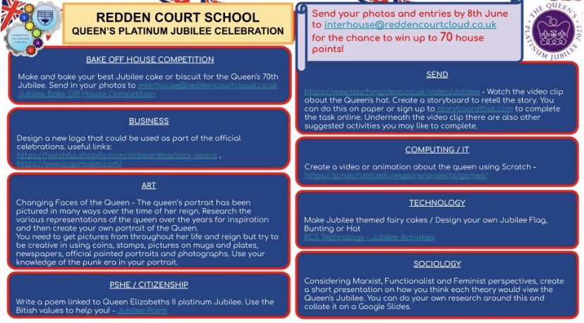 ReddenCourt's tweet photo. To celebrate the upcoming Queen's Platinum Jubilee, we are inviting our students to take part in these optional themed activities to gain up to 70 house points during our wellbeing afternoon! #BritishValues #BritishFun #BritishEverything
https://t.co/wL5F14wOSs https://t.co/9bAWYncEgI