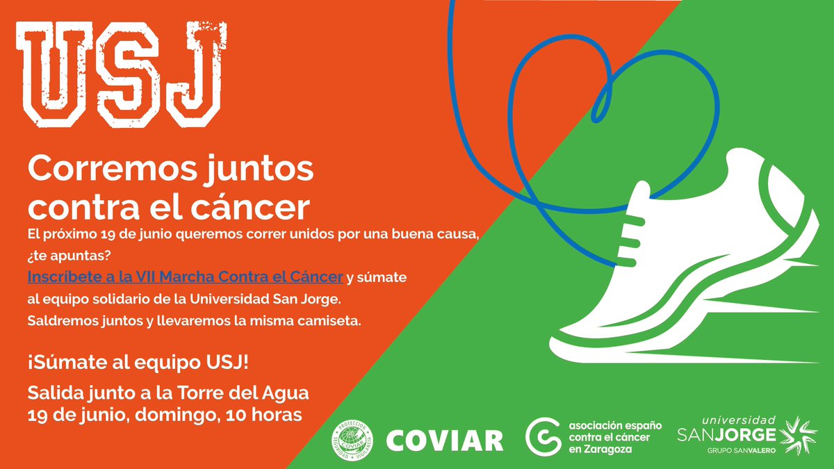 USJ , we run together against cancer Next June 19 we want to run together for a good cause, you sign up? usj.es/evento-deporti… Sign up for the VII March Against Cancer and join to the solidarity team of the San Jorge University.