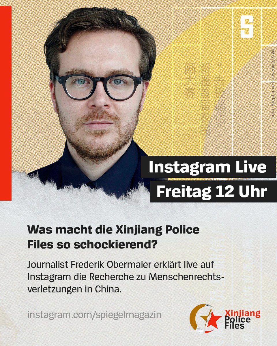 DER SPIEGEL (@derspiegel) on Twitter photo Heute um 12 Uhr auf Instagram: <a href="/netzkolumnistin/">Angela Gruber</a> spricht mit Investigativjournalist <a href="/f_obermaier/">Frederik Obermaier</a> über die Recherche zu den #XinjiangPoliceFiles. instagram.com/p/CeBAXOlOnJZ/ Heute um 12 Uhr auf Instagram: <a href="/netzkolumnistin/">Angela Gruber</a> spricht mit Investigativjournalist <a href="/f_obermaier/">Frederik Obermaier</a> über die Recherche zu den #XinjiangPoliceFiles. instagram.com/p/CeBAXOlOnJZ/