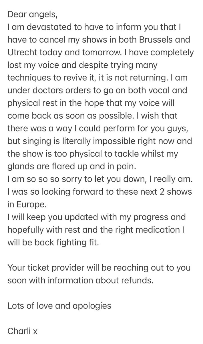 angels coming to the Brussels &amp; Utrecht shows please read. i am so sorry and i’m really disappointed 💔