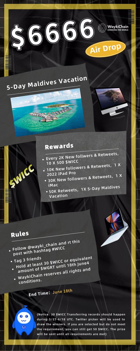 wayki_chain's tweet photo. 💥$6,666 Bear Market Airdrop💥

💗#WaykiChain will be tiding over the bear market crisis with you.

Every 2⃣K Retweets: 10 X 500 $WICC 

🔟K RTs: 1 X 2022 iPad Pro

3⃣0⃣K RTs: 1 X iMac 

5⃣0⃣K RTs: 1 X 5-Day Maldives Vacation 

Terms and Conditions Apply https://t.co/PjFdYLZdcX