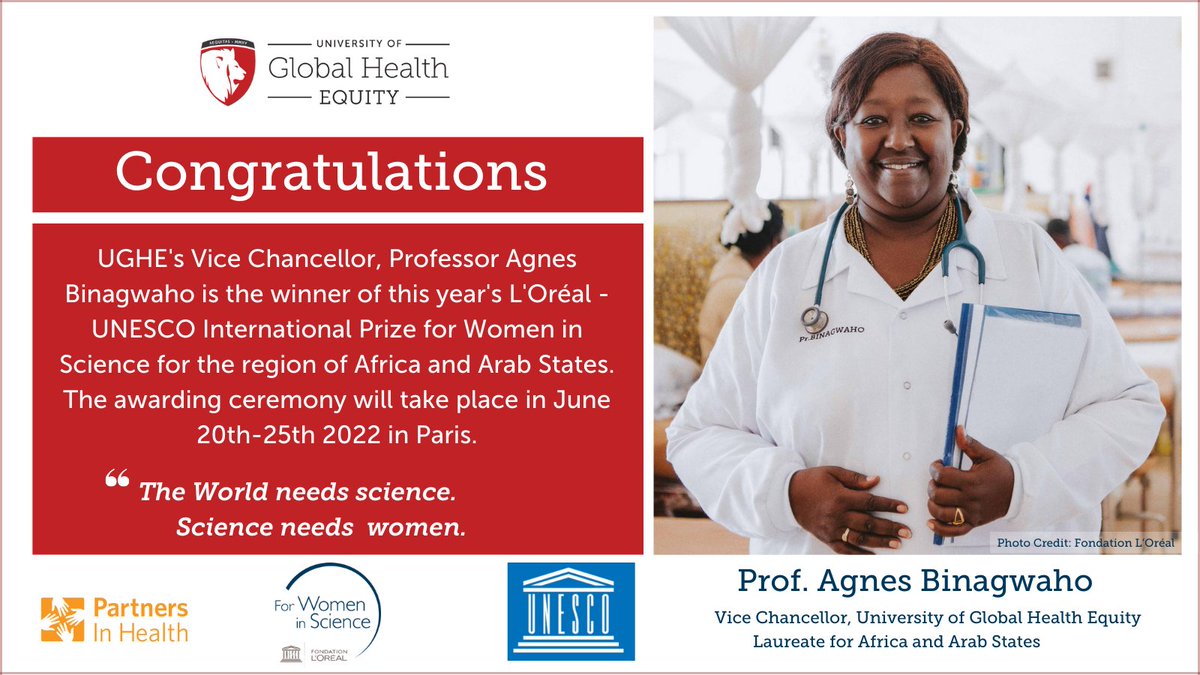 ughe_org's tweet image. UGHE's Vice Chancellor, Prof. @agnesbinagwaho is among the 5 eminent women scientists from different regions across the world who will be awarded the International Prize for Women in Science by @UNESCO &amp;amp; @LOrealGroupe. Awarding ceremony will take place from June 20 - 25 in Paris.