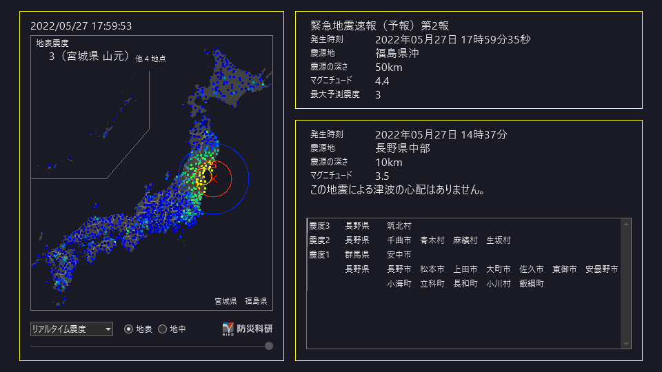 【緊急地震速報（予報）第1報】
27日17時59分35秒頃、福島県沖で地震がありました。震源の深さは約50km、マグニチュードは4.4程度、最大震度は3程度以上と推定されます。