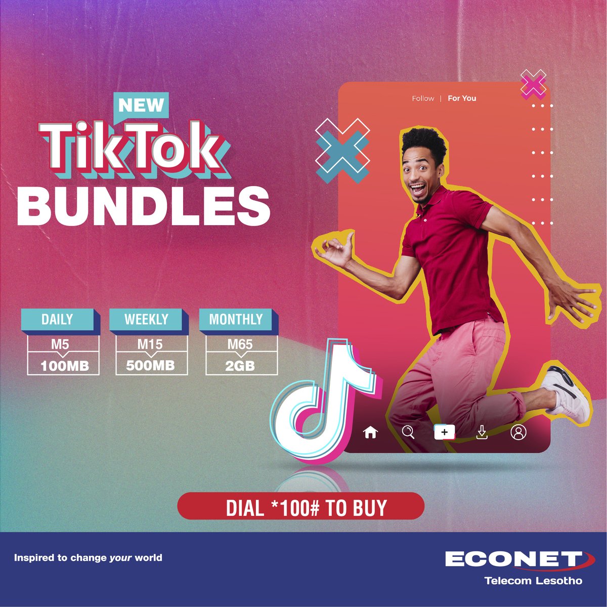 Did you know that you can now buy bundles just for Tik Tok💃💃?? Dial up, load up and get bundles from as little as 100MB for M5 😄.

Follow <a href="/econet_lesotho/">EconetTelecomLesotho</a> on Tik Tok and check out our latest challenge. We have amazing prizes up for grabs

Dial *100# to buy

#EconetLesotho