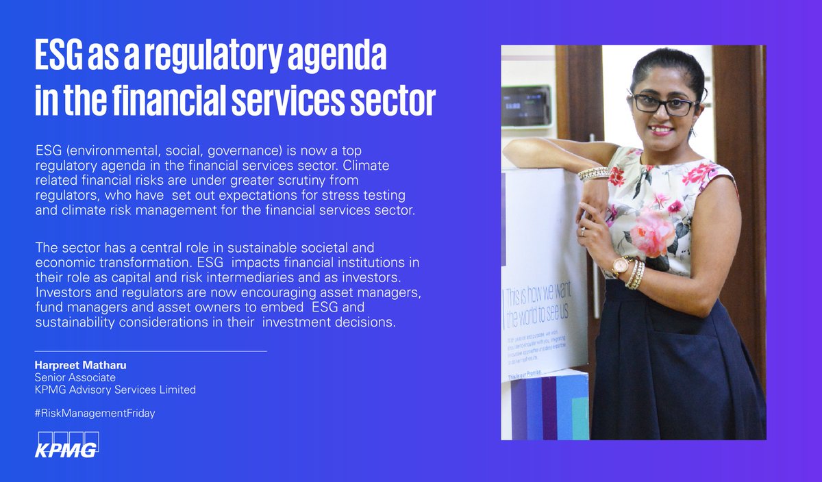 KPMGEastAfrica's tweet photo. ESG (environmental, social, governance) is now a top regulatory agenda in the financial services sector.
Harpreet Matharu, Senior Associate at KPMG East Africa, shares insights on #ESG as a regulatory agenda in the sector.
#RiskManagementFriday https://t.co/J8Gkj3WLsZ