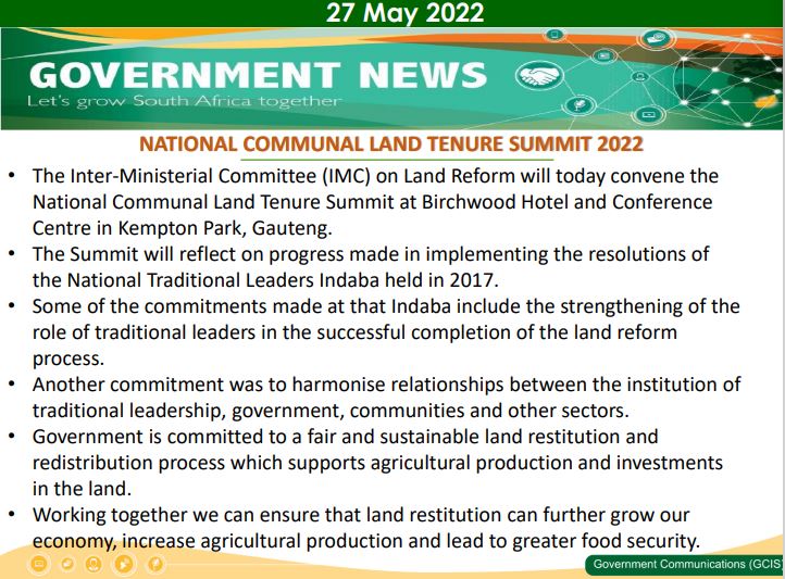 GCIS_IRC's tweet photo. The Inter-Ministerial Committee (#IMC) on #LandReform will today convene the National #CommunalLand Tenure Summit at Birchwood Hotel and Conference Centre in Kempton Park, Gauteng. #communalLandSummit https://t.co/r5iHxpFgdw
