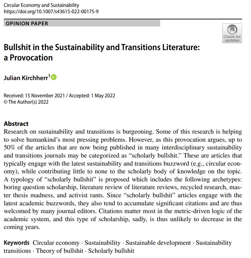 There is too much research published on sustainability and transitions these days that is of the poorest quality (And, admittedly, my own publication record is certainly not entirely free from such articles!). Here's my rant on this: doi.org/10.1007/s43615…