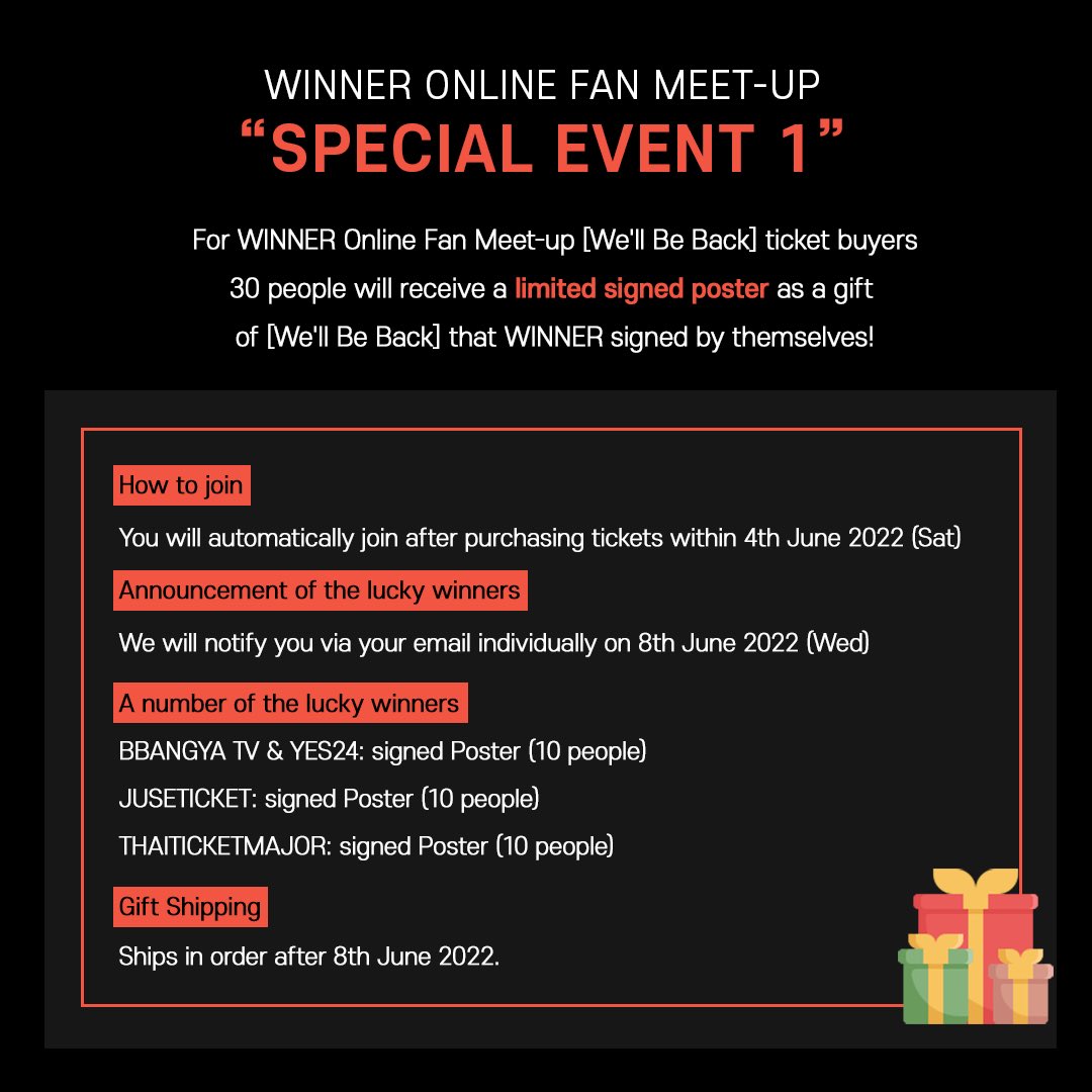 bbangyatv's tweet photo. WINNER Online Fan Meet-up [ We’ll Be Back ] 티켓 예매하고 
위너 친필 사인 CD 패키지와 포스터를 선물 받으세요!

#WINNER #위너 #이너서클
#강김송이 #박인서
#WINNEROnlineFanMeetup #20220604_8PM https://t.co/nqFmGJasLO