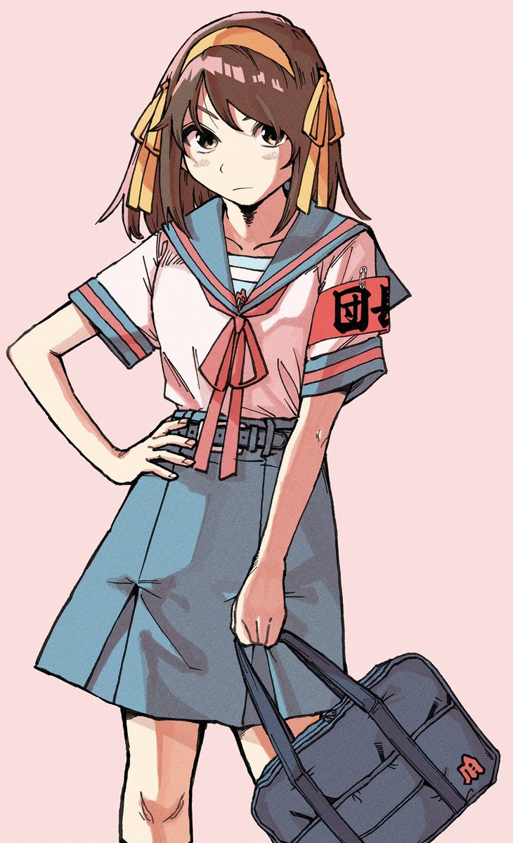 suzumiya haruhi 1girl solo school uniform bag skirt summer uniform brown hair  illustration images