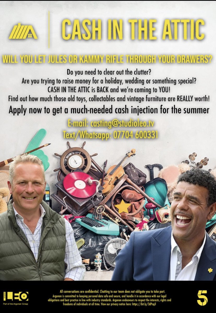 on_offa's tweet photo. Cash in the Attic is returning to TV and they’re coming to Wrexham. If you’re having a clear out, it could be you on the tele! https://t.co/R9l8tcJGHA
