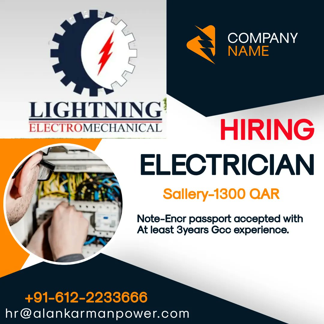 ManpowerAlankar's tweet photo. #Manpower Hiring Urgent Requirements For Lightning Electromechanical Qatar.

#Employmentvisa with Qvc Medical.
Duty 8 hours After Overtime.

After Visa within one week flight .

Note - Ecnr #passport accepted with At least 3 years #Gcc experience. https://t.co/gjtS2pg4Z2